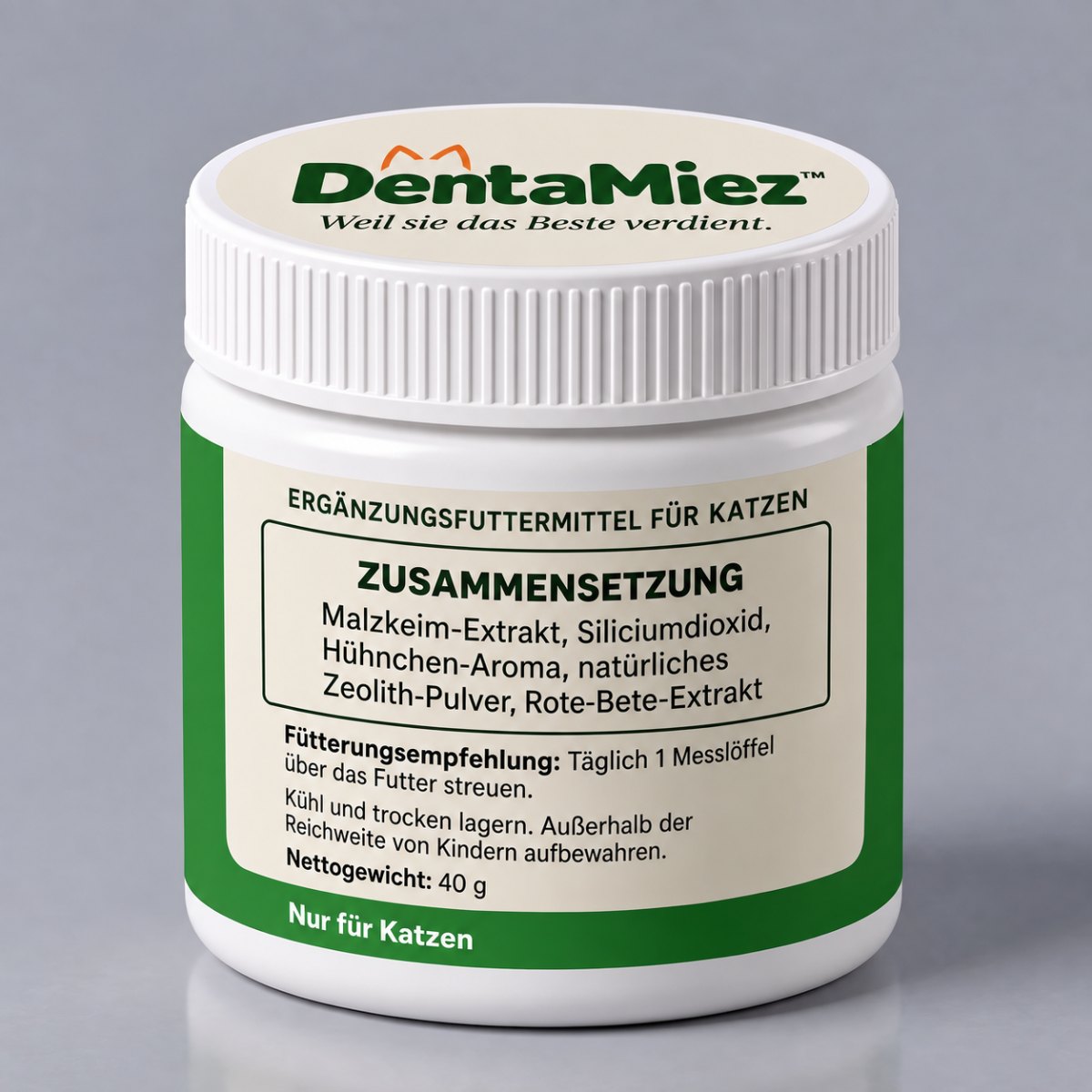 Rückseite der DentaMiez-Dose: Zusammensetzung, Fütterungsempfehlung, Nettogewicht 40 g