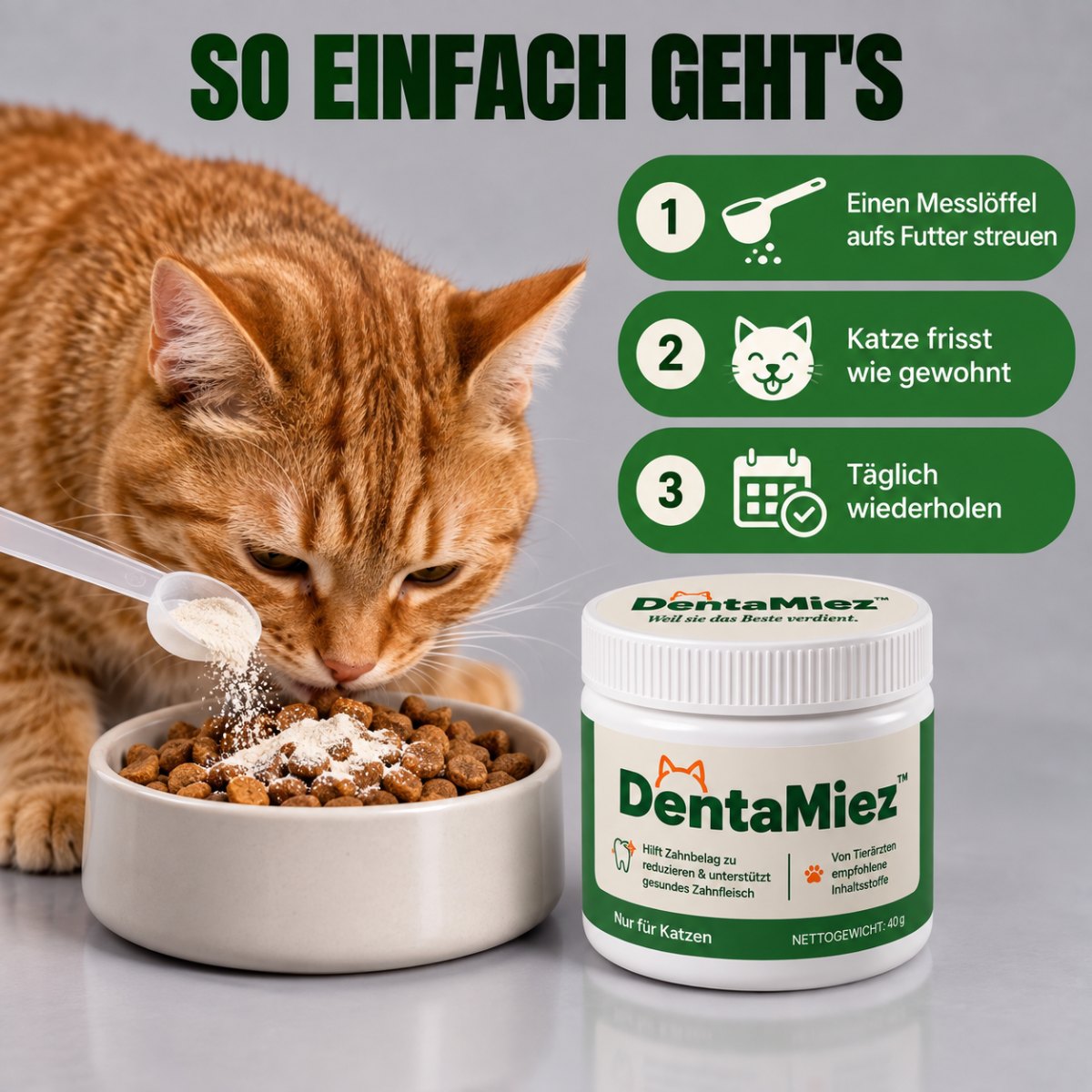 So einfach geht's: DentaMiez in 3 Schritten aufs Katzenfutter streuen